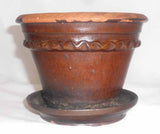 1880s Antique Pennsylvania Lead Glazed Redware Flower Pot with Attached Saucer