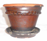 1880s Antique Pennsylvania Lead Glazed Redware Flower Pot with Attached Saucer