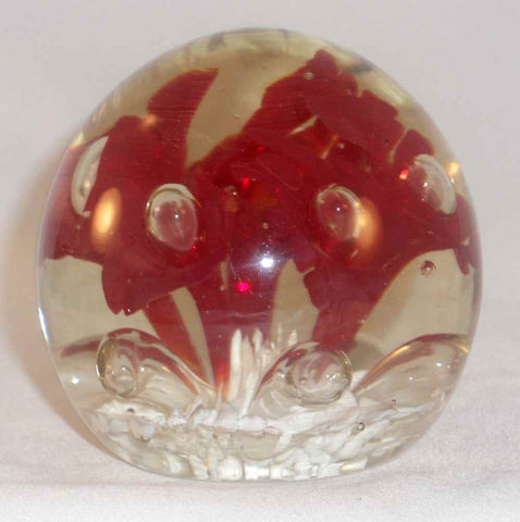 Vintage Large and Heavy Art Glass Paperweight Burgundy Flowers & Large Bubbles