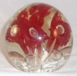 Vintage Large and Heavy Art Glass Paperweight Burgundy Flowers & Large Bubbles