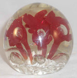 Vintage Large and Heavy Art Glass Paperweight Burgundy Flowers & Large Bubbles