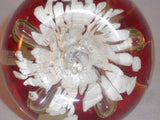 Vintage Large and Heavy Art Glass Paperweight Burgundy Flowers & Large Bubbles
