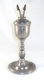 Antique Pewter Fluid Lamp Tulip Bulb-Shaped Reservoir Two Burners W/ Brass Caps