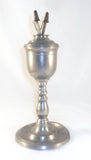 Antique Pewter Fluid Lamp Tulip Bulb-Shaped Reservoir Two Burners W/ Brass Caps