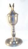 Antique Pewter Fluid Lamp Tulip Bulb-Shaped Reservoir Two Burners W/ Brass Caps