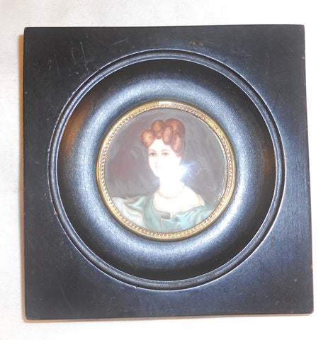 Antique Signed Hand Painted Miniature of a Woman in Dark Wood Frame