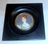 Antique Signed Hand Painted Miniature of a Woman in Dark Wood Frame
