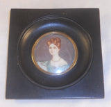 Antique Signed Hand Painted Miniature of a Woman in Dark Wood Frame