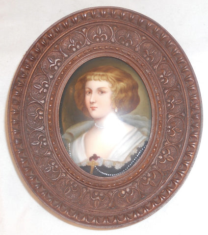 Antique Hand Painted Miniature on Porcelain of Woman Wearing Pearl Necklace