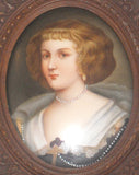Antique Hand Painted Miniature on Porcelain of Woman Wearing Pearl Necklace