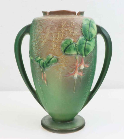 "Rare" 1938 Roseville Pottery 8 Inch Tall Green Fuchsia Bulbous Vase w/ Handles