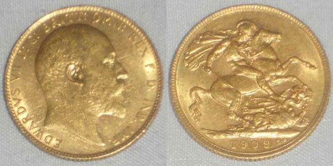 1909 Gold Coin Great Britain Sovereign King Edward VII Head Right KM 805 AU++