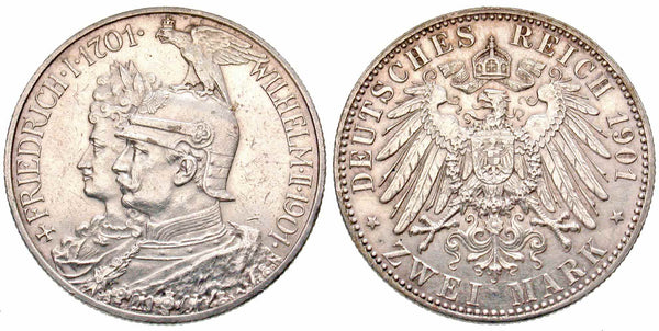 1901 Silver 2 Marks Coin Germany Kingdom of Prussia 200th