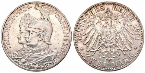 1901 Silver 2 Marks Coin Germany Kingdom of Prussia 200th Anniversary Wilhelm II