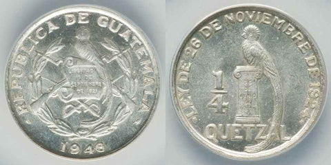 1946 Republic of Guatemala Silver Coin Quarter Quetzal KM 243.2 ANACS MS 62