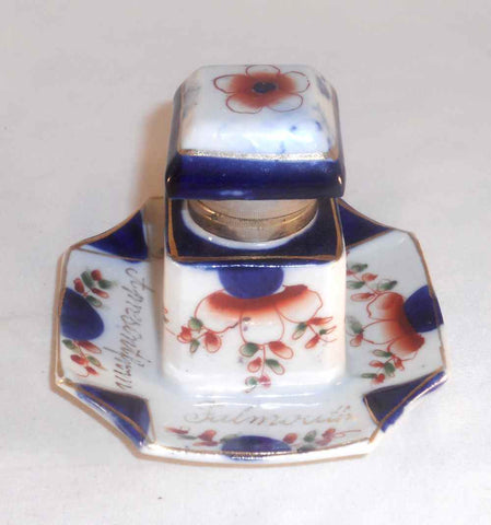 Antique Porcelain Desktop Inkwell Gaudy Dutch Welsh Style Present from Falmouth