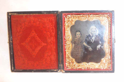 Antique Tintype Photo of Grandmother and Granddaughter with Red Cheeks in Case