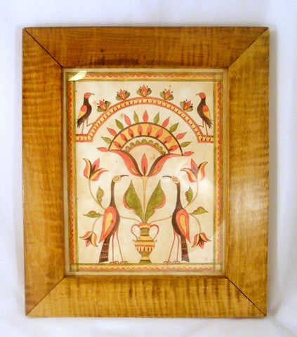 Framed P. Godillot Folk Art Fraktur Hand Painted Drawing Birds & Tulips PA Dutch