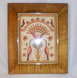 Framed P. Godillot Folk Art Fraktur Hand Painted Drawing Birds & Tulips PA Dutch