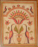 Framed P. Godillot Folk Art Fraktur Hand Painted Drawing Birds & Tulips PA Dutch
