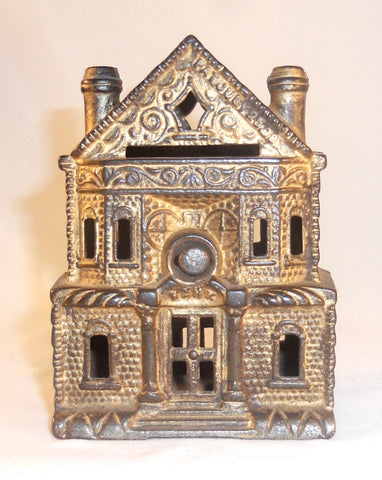 Old Gold Cast Iron J & E Stevens Penny Bank 2-Story Victorian House 2 Chimneys