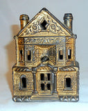 Old Gold Cast Iron J & E Stevens Penny Bank 2-Story Victorian House 2 Chimneys