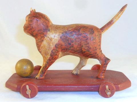 1977 Hand Carved Painted Wood Folk Art Cat on Wheels Toy Walter & June Gottshall