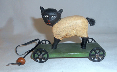 Carved Painted Wood Folk Art Sheep Pull Toy Walter June Gottshall w/ Dedication