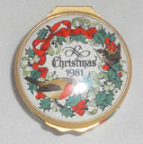 Halcyon Days Enamels England Christmas 1981 Round Box Birds Holly Berries Ribbon
