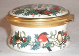 Halcyon Days Enamels England Christmas 1981 Round Box Birds Holly Berries Ribbon