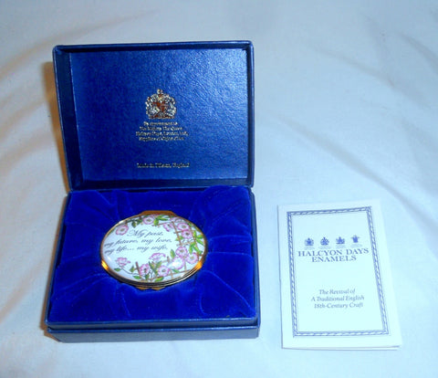 Halcyon Days Enamels England Enameled Oval Box Floral Decoration Motto "My Wife"
