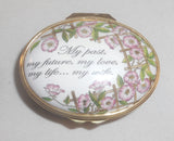 Halcyon Days Enamels England Enameled Oval Box Floral Decoration Motto "My Wife"