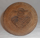 Turned Carved Wood Single Piece Butter Print Heart Design w/ Unidentified Symbol