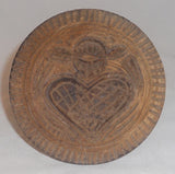 Turned Carved Wood Single Piece Butter Print Heart Design w/ Unidentified Symbol