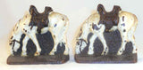 Vintage Painted Cast Iron Bookends White Horses Grazing with Brown Saddles