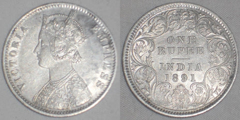 1891 Coin India British Occupation Silver One Rupee Queen Victoria Empress XF++