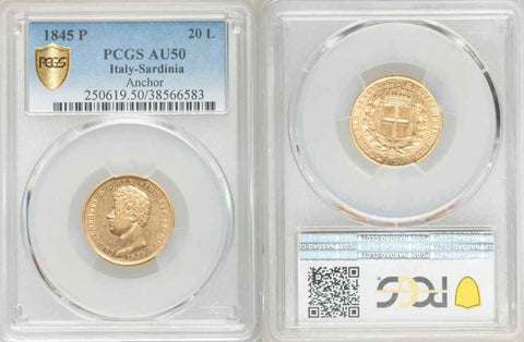 1845 P Gold Coin Sardinia Italy 20 Lire King Carlo Alberto KM# 131.1 PCGS AU50