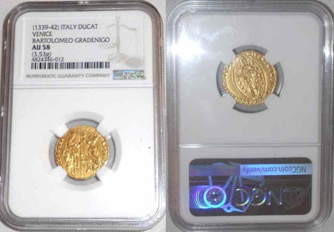 1339-42 Gold Coin Venice Italy Ducat Zecchino Bartolomeo Gradenigo Fr. 1220 AU58
