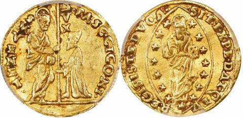 1585-1595 Gold Coin Venice Italy Zecchino or Ducat Pasquale Cicogna Fr 1270 XF45