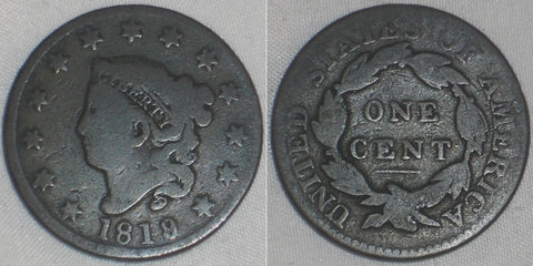 1819 Liberty Head Coronet Head Design Large Cent Possible 9 over 8 Variety Good