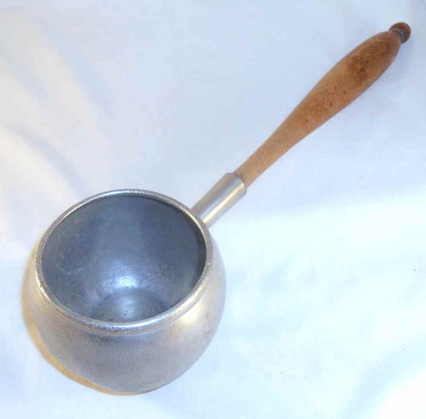 Antique Unmarked Pewter Ladle with Wooden Handle and Deep Ball Shaped Bowl