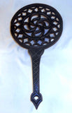 Antique Large Heavy Cast Iron Trivet Pinwheel Design 1 1/2" Legs and Long Handle