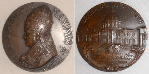 1924 Vatican Pius XI Large Bronze Medal Anno III Oratory of St. Peter Mistruzzi