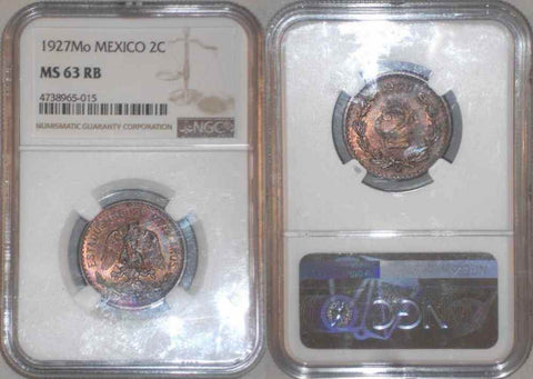 1927 Two Centavo Mexico Mint Mark Mo Mexican Arms Eagle and Serpent MS 63 RB