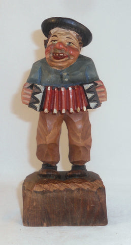 Vintage Hand Carved Polychrome Painted Wood Man Standing Playing The Accordion