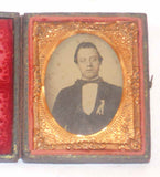 Tintype 1/9 Plate Photo of Gentleman Fashionable Attire Wearing Bowtie & Ribbon