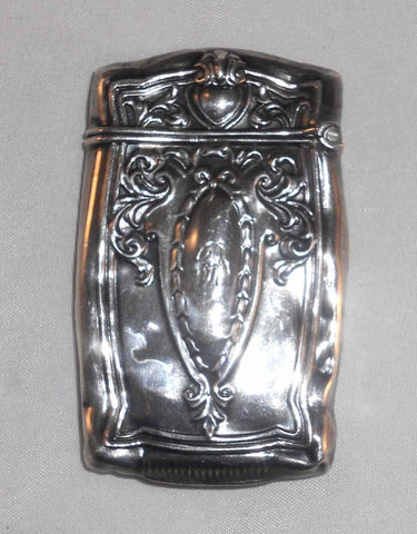 Antique Sterling Silver Match Safe or Vesta Repousse Escutcheon and Scroll Design