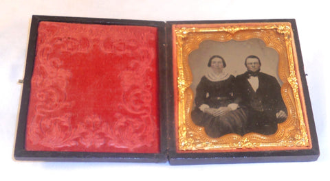 Antique Ambrotype Photo of Bearded Man & His Wife Having Red Cheeks in Case