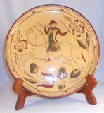 Oley Valley Pottery PA Redware Platter Sgraffito Horseman w/ Horn+Whip & Tulips