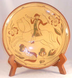 Oley Valley Pottery PA Redware Platter Sgraffito Horseman w/ Horn+Whip & Tulips